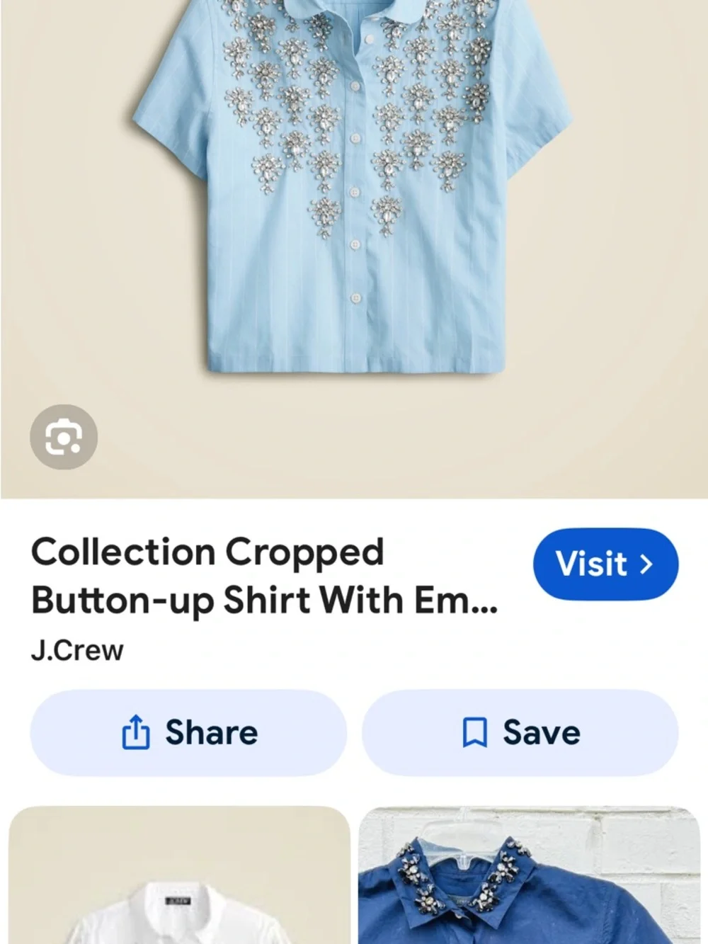 J. Crew Sky Blue Cropped Crystal-Embellished Button-Down - Picture 2 of 3